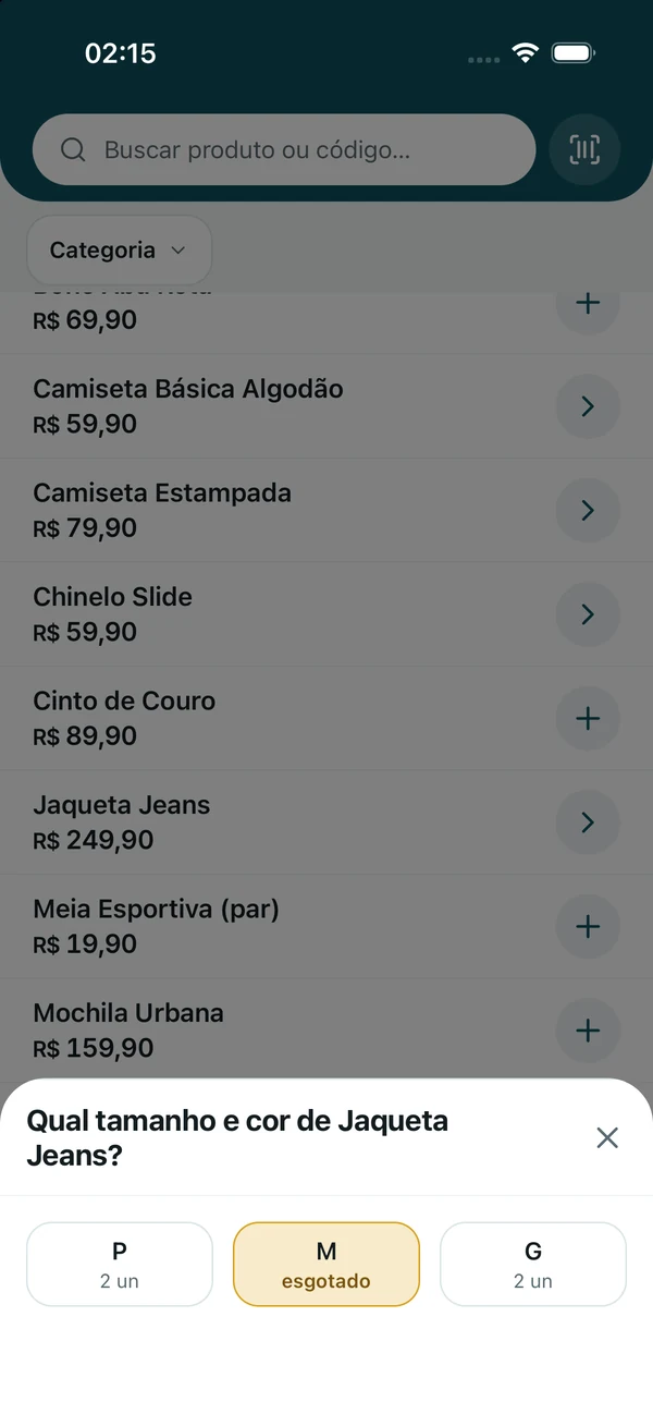 Venda no app do Nivro: a grade de tamanhos da Jaqueta Jeans, com o M esgotado.