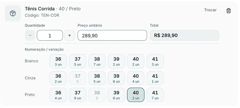 Item da venda no PDV: Tênis Corrida 40 preto com a grade de tamanho e cor, o saldo de cada combinação, o 40 preto marcado e as combinações sem saldo, 37 cinza e 38 preto, apagadas.